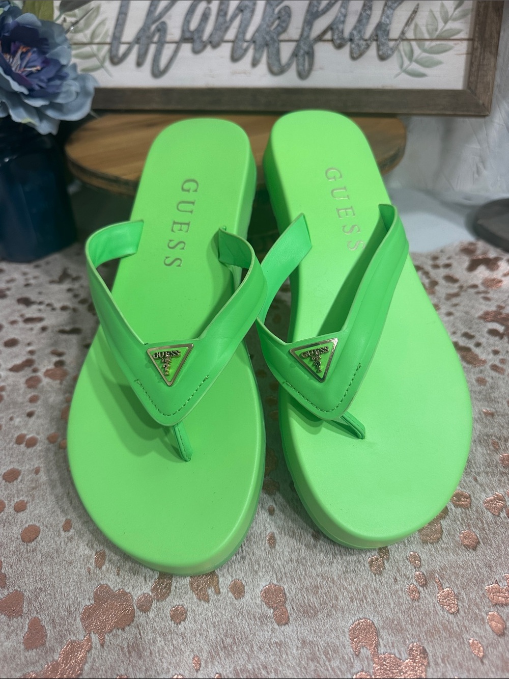 GUESS Neon Lime Flip Flop Sandals